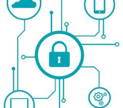 cybersecurity graphic, showing lock and technical items